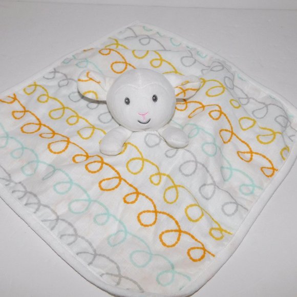 White Lamb Squiggly Lines Writing Rattle Baby Security blanket Lovey Nunu Plush - Picture 1 of 4
